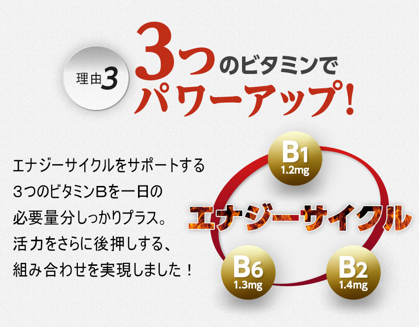 ３つのビタミンでパワーアップ！ビタミンB1、B2、B6配合